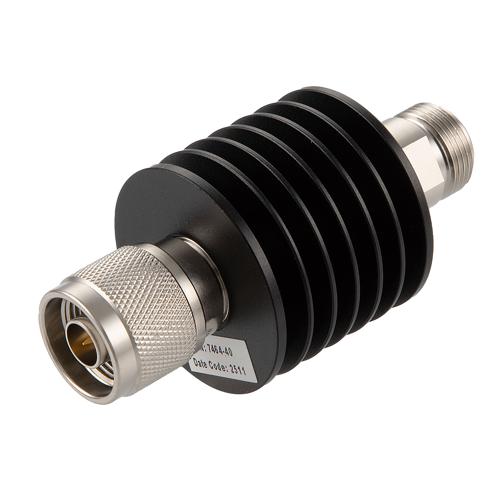 40 dB Fixed Attenuator N Male (Plug) to N Female (Jack) Up to 12.4 GHz Rated to 10 Watts, Aluminum Black Anodized Body, 1.35 VSWR FMAT7464-40