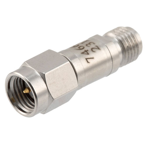 15 dB Fixed Attenuator SMA Male (Plug) to SMA Female (Jack) DC to 12 GHz Rated to 2 Watts, Stainless Steel Body, 1.35:1 VSWR FMAT7466-15