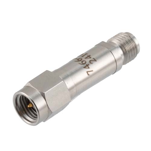 40 dB RF Fixed Attenuator SMA Male (Plug) to SMA Female (Jack), DC to 12 GHz Rated to 2 Watt, Stainless Steel Body, 1.35:1 VSWR FMAT7466-40