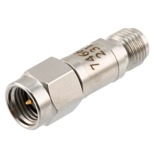 6 dB Fixed Attenuator SMA Male (Plug) to SMA Female (Jack) DC to 12 GHz Rated to 2 Watts, Stainless Steel Body, 1.35:1 VSWR FMAT7466-6