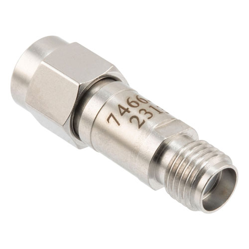 6 dB Fixed Attenuator SMA Male (Plug) to SMA Female (Jack) DC to 12 GHz Rated to 2 Watts, Stainless Steel Body, 1.35:1 VSWR FMAT7466-6