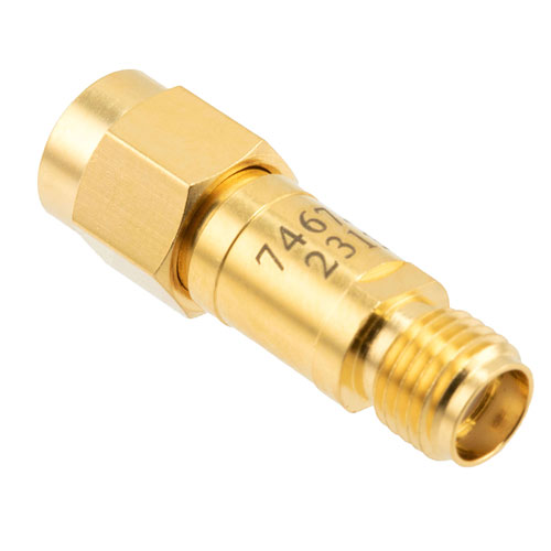 10 dB Fixed Attenuator SMA Male (Plug) to SMA Female (Jack) DC to 12 GHz Rated to 2 Watts, Brass Body, 1.35:1 VSWR FMAT7467-10