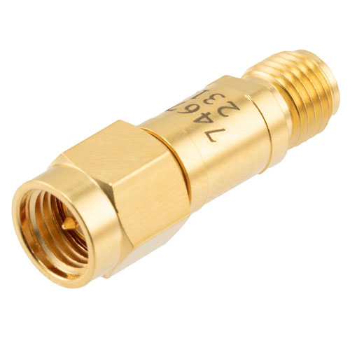 3 dB Fixed Attenuator SMA Male (Plug) to SMA Female (Jack) DC to 12 GHz Rated to 2 Watts, Brass Body, 1.35:1 VSWR FMAT7467-3