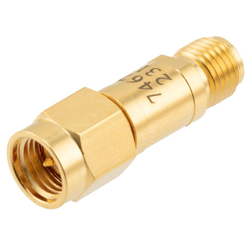 30 dB Fixed Attenuator SMA Male (Plug) to SMA Female (Jack) DC to 12 GHz Rated to 2 Watts, Brass Body, 1.35:1 VSWR FMAT7467-30