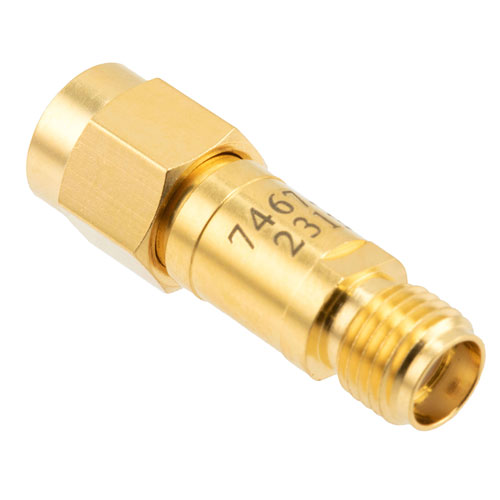 3 dB Fixed Attenuator SMA Male (Plug) to SMA Female (Jack) DC to 12 GHz Rated to 2 Watts, Brass Body, 1.35:1 VSWR FMAT7467-3