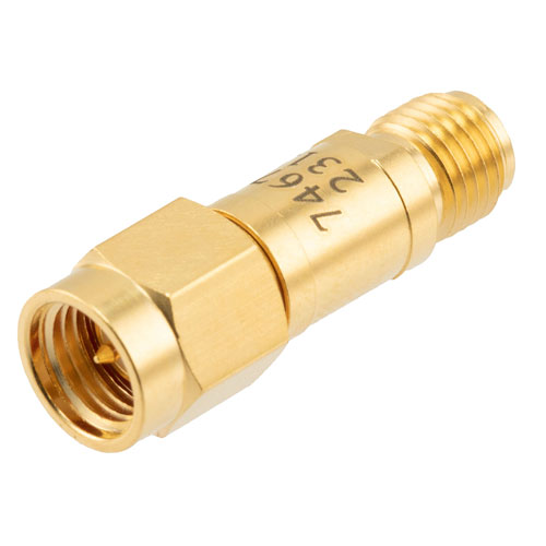 4 dB Fixed Attenuator SMA Male (Plug) to SMA Female (Jack) DC to 12 GHz Rated to 2 Watts, Brass Body, 1.35:1 VSWR FMAT7467-4