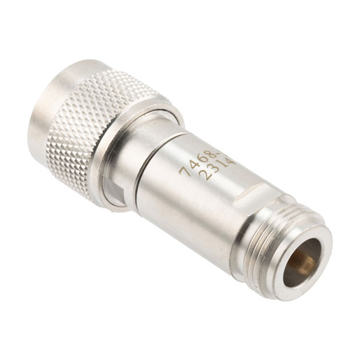 4 dB Fixed Attenuator N Male (Plug) to N Female (Jack) DC to 12 GHz Rated to 2 Watts, Brass Body, 1.35:1 VSWR FMAT7468-4