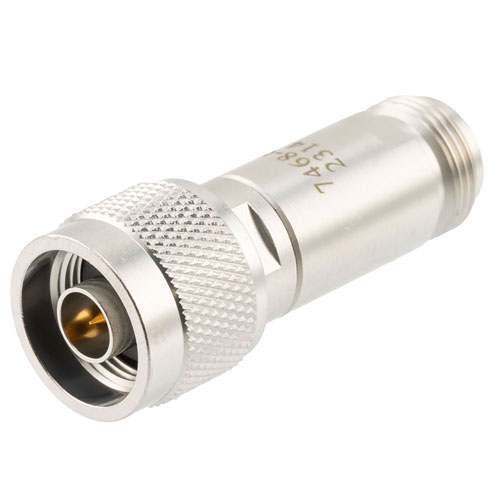 6 dB Fixed Attenuator N Male (Plug) to N Female (Jack) DC to 12 GHz Rated to 2 Watts, Brass Body, 1.35:1 VSWR FMAT7468-6