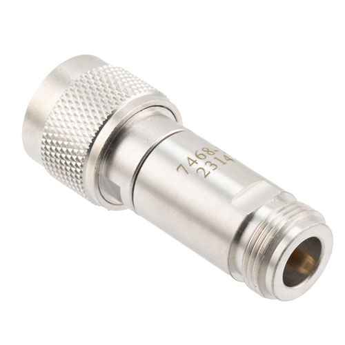 6 dB Fixed Attenuator N Male (Plug) to N Female (Jack) DC to 12 GHz Rated to 2 Watts, Brass Body, 1.35:1 VSWR FMAT7468-6