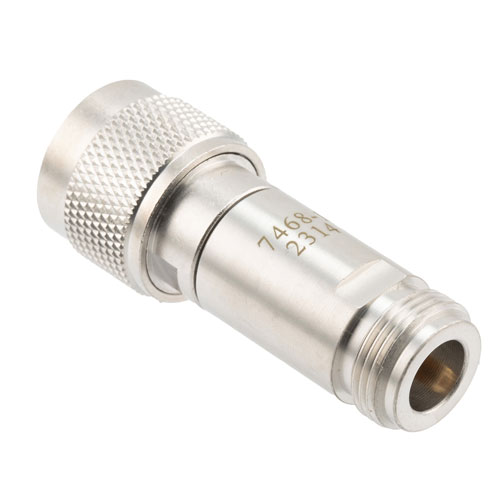 8 dB Fixed Attenuator N Male (Plug) to N Female (Jack) DC to 12 GHz Rated to 2 Watts, Brass Body, 1.35:1 VSWR FMAT7468-8