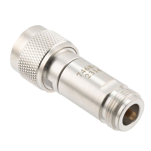 9 dB Fixed Attenuator N Male (Plug) to N Female (Jack) DC to 12 GHz Rated to 2 Watts, Brass Body, 1.35:1 VSWR FMAT7468-9