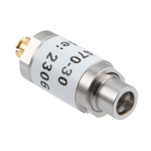 30 dB Fixed Attenuator SMP Male (Plug) to SMP Female (Jack) Up to 18 GHz Rated to 1 Watt, Stainless Steel Body, 1.35:1 VSWR FMAT7470-30