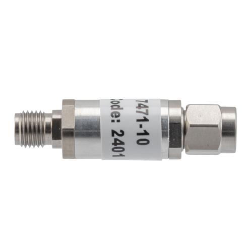 10 dB Fixed Attenuator 3.5mm Male (Plug) to 3.5mm Female (Jack) up to 26.5 GHz Rated to 2 Watts, Aluminum Body, 1.45:1 VSWR FMAT7471-10