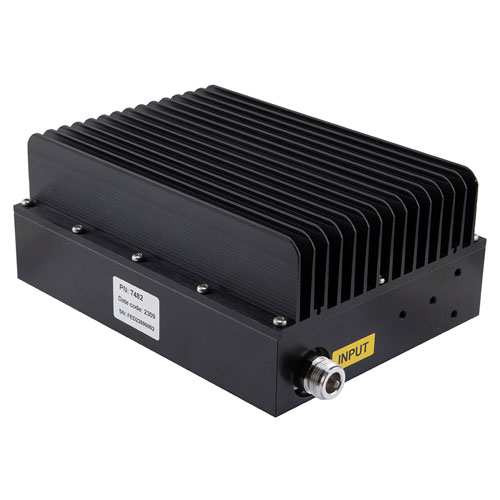 Low PIM 10 dB Fixed Attenuator N-Type Female (Jack) to N-Type Female (Jack) 0.6 GHz to 6 GHz Rated to 100 Watts Anodized Aluminum 1.3:1 VSWR FMAT7482-10