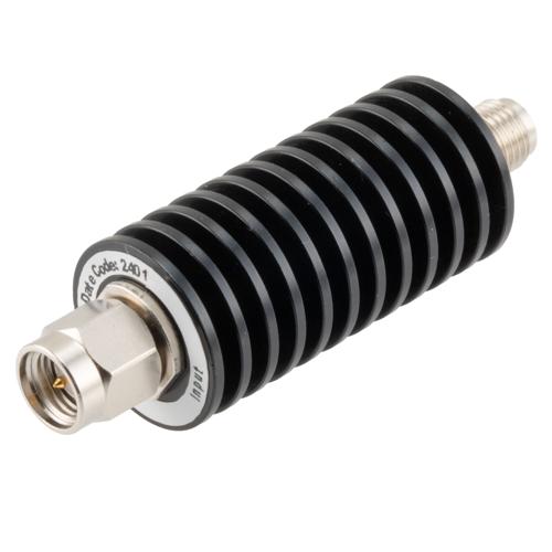 10 dB Fixed Attenuator SMA Male (Plug) to SMA Female (Jack) up to 26.5 GHz Rated to 20 Watts, Black Anodized Aluminum Body, 1.35:1 VSWR FMAT7486-10