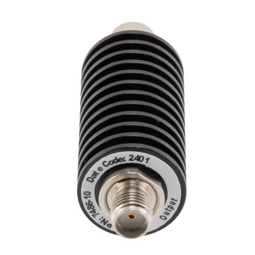 10 dB Fixed Attenuator SMA Male (Plug) to SMA Female (Jack) up to 26.5 GHz Rated to 20 Watts, Black Anodized Aluminum Body, 1.35:1 VSWR FMAT7486-10