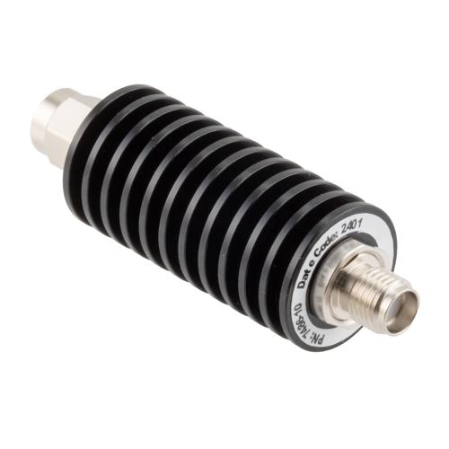 10 dB Fixed Attenuator SMA Male (Plug) to SMA Female (Jack) up to 26.5 GHz Rated to 20 Watts, Black Anodized Aluminum Body, 1.35:1 VSWR FMAT7486-10