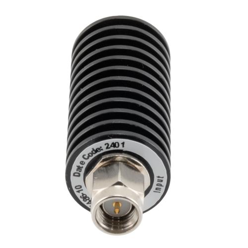 10 dB Fixed Attenuator SMA Male (Plug) to SMA Female (Jack) up to 26.5 GHz Rated to 20 Watts, Black Anodized Aluminum Body, 1.35:1 VSWR FMAT7486-10