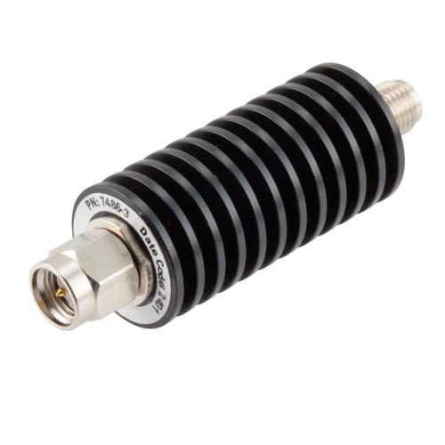 3 dB Fixed Attenuator SMA Male (Plug) to SMA Female (Jack) up to 26.5 GHz Rated to 20 Watts, Black Anodized Aluminum Body, 1.35:1 VSWR FMAT7486-3