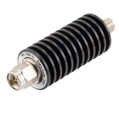 30 dB Fixed Attenuator SMA Male (Plug) to SMA Female (Jack) up to 26.5 GHz Rated to 20 Watts, Black Anodized Aluminum Body, 1.35:1 VSWR FMAT7486-30