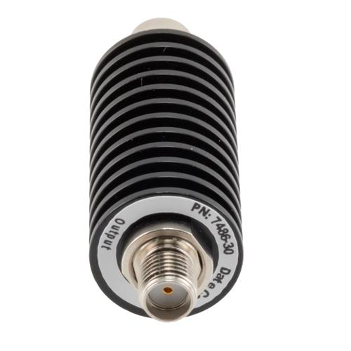 30 dB Fixed Attenuator SMA Male (Plug) to SMA Female (Jack) up to 26.5 GHz Rated to 20 Watts, Black Anodized Aluminum Body, 1.35:1 VSWR FMAT7486-30