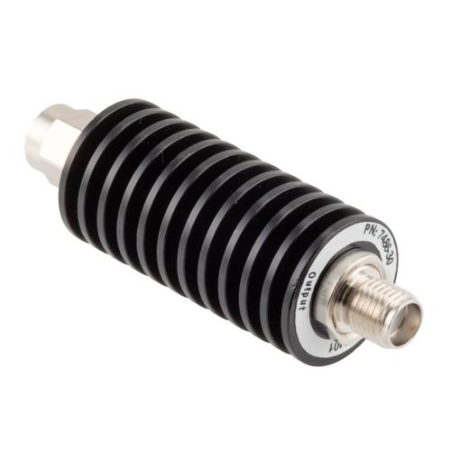 30 dB Fixed Attenuator SMA Male (Plug) to SMA Female (Jack) up to 26.5 GHz Rated to 20 Watts, Black Anodized Aluminum Body, 1.35:1 VSWR FMAT7486-30