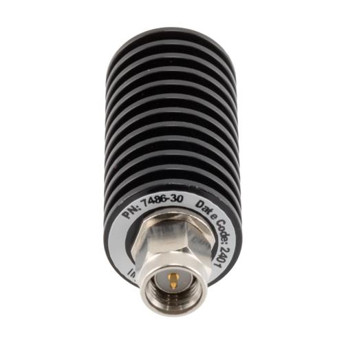 30 dB Fixed Attenuator SMA Male (Plug) to SMA Female (Jack) up to 26.5 GHz Rated to 20 Watts, Black Anodized Aluminum Body, 1.35:1 VSWR FMAT7486-30