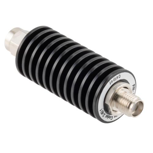 3 dB Fixed Attenuator SMA Male (Plug) to SMA Female (Jack) up to 26.5 GHz Rated to 20 Watts, Black Anodized Aluminum Body, 1.35:1 VSWR FMAT7486-3