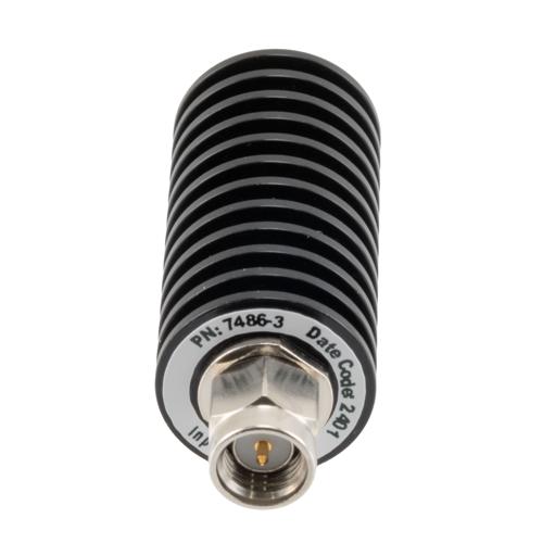 3 dB Fixed Attenuator SMA Male (Plug) to SMA Female (Jack) up to 26.5 GHz Rated to 20 Watts, Black Anodized Aluminum Body, 1.35:1 VSWR FMAT7486-3