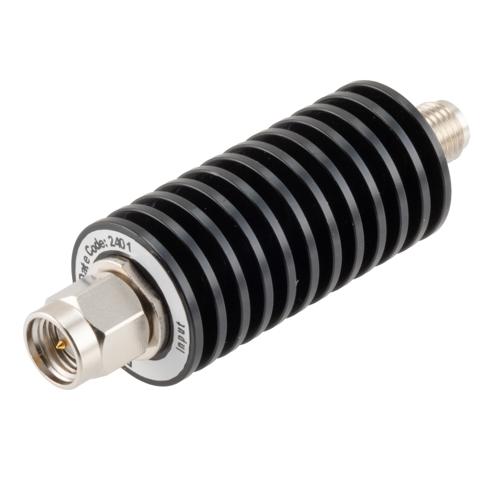 40 dB Fixed Attenuator SMA Male (Plug) to SMA Female (Jack) up to 26.5 GHz Rated to 20 Watts, Black Anodized Aluminum Body, 1.35:1 VSWR FMAT7486-40