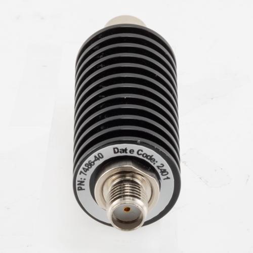 40 dB Fixed Attenuator SMA Male (Plug) to SMA Female (Jack) up to 26.5 GHz Rated to 20 Watts, Black Anodized Aluminum Body, 1.35:1 VSWR FMAT7486-40