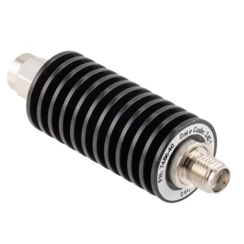40 dB Fixed Attenuator SMA Male (Plug) to SMA Female (Jack) up to 26.5 GHz Rated to 20 Watts, Black Anodized Aluminum Body, 1.35:1 VSWR FMAT7486-40