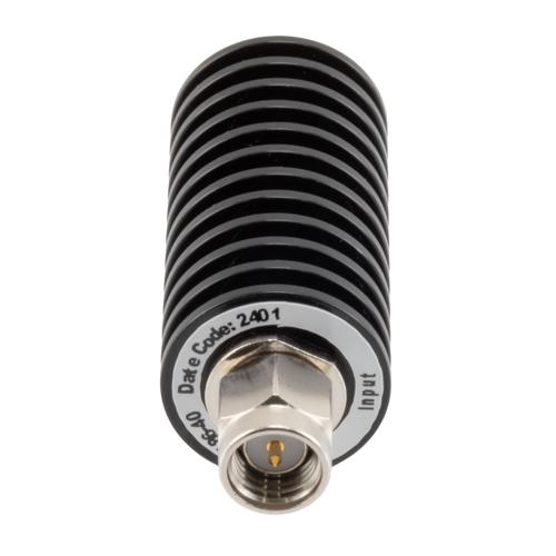 40 dB Fixed Attenuator SMA Male (Plug) to SMA Female (Jack) up to 26.5 GHz Rated to 20 Watts, Black Anodized Aluminum Body, 1.35:1 VSWR FMAT7486-40