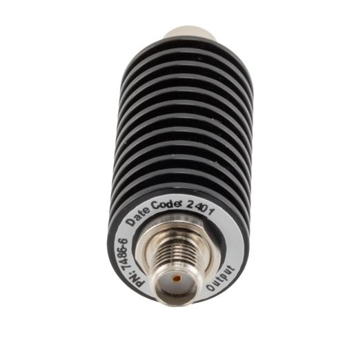 6 dB Fixed Attenuator SMA Male (Plug) to SMA Female (Jack) up to 26.5 GHz Rated to 20 Watts, Black Anodized Aluminum Body, 1.35:1 VSWR FMAT7486-6