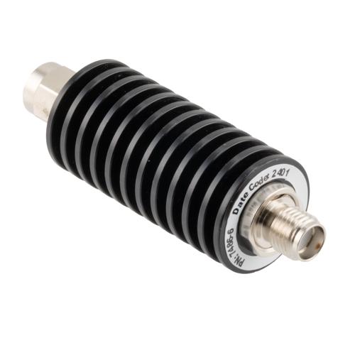 6 dB Fixed Attenuator SMA Male (Plug) to SMA Female (Jack) up to 26.5 GHz Rated to 20 Watts, Black Anodized Aluminum Body, 1.35:1 VSWR FMAT7486-6
