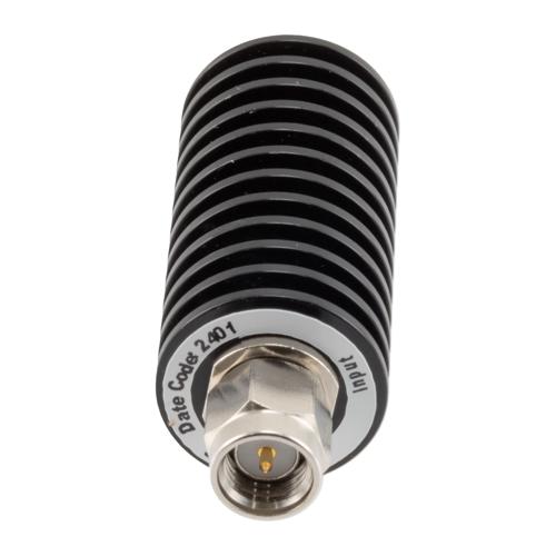 6 dB Fixed Attenuator SMA Male (Plug) to SMA Female (Jack) up to 26.5 GHz Rated to 20 Watts, Black Anodized Aluminum Body, 1.35:1 VSWR FMAT7486-6