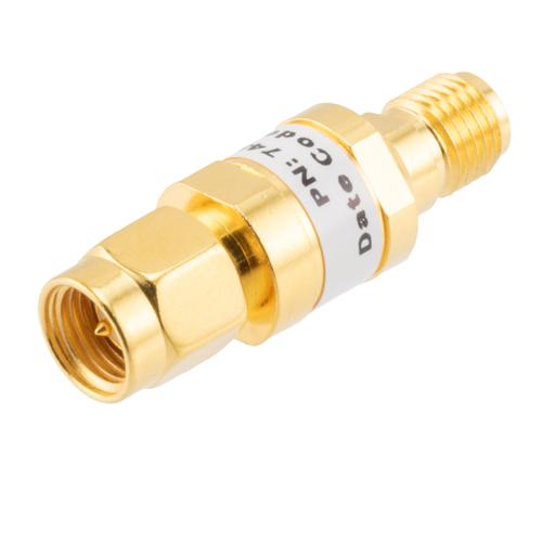1 dB Fixed Attenuator SMA Male (Plug) to SMA Female (Jack) up to 26.5 GHz Rated to 2 Watts, Brass Gold Plated Body, 1.35:1 VSWR FMAT7487-1