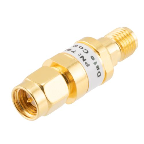 10 dB Fixed Attenuator SMA Male (Plug) to SMA Female (Jack) up to 26.5 GHz Rated to 2 Watts, Brass Gold Plated Body, 1.35:1 VSWR FMAT7487-10