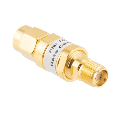 10 dB Fixed Attenuator SMA Male (Plug) to SMA Female (Jack) up to 26.5 GHz Rated to 2 Watts, Brass Gold Plated Body, 1.35:1 VSWR FMAT7487-10
