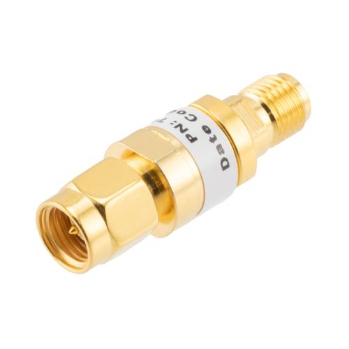 2 dB Fixed Attenuator SMA Male (Plug) to SMA Female (Jack) up to 26.5 GHz Rated to 2 Watts, Brass Gold Plated Body, 1.35:1 VSWR FMAT7487-2