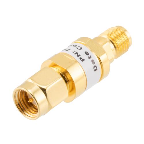 20 dB Fixed Attenuator SMA Male (Plug) to SMA Female (Jack) up to 26.5 GHz Rated to 2 Watts, Brass Gold Plated Body, 1.35:1 VSWR FMAT7487-20