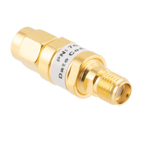 20 dB Fixed Attenuator SMA Male (Plug) to SMA Female (Jack) up to 26.5 GHz Rated to 2 Watts, Brass Gold Plated Body, 1.35:1 VSWR FMAT7487-20