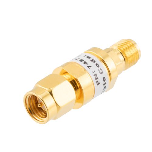 3 dB Fixed Attenuator SMA Male (Plug) to SMA Female (Jack) up to 26.5 GHz Rated to 2 Watts, Brass Gold Plated Body, 1.35:1 VSWR FMAT7487-3