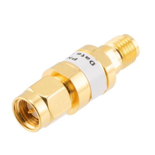 30 dB Fixed Attenuator SMA Male (Plug) to SMA Female (Jack) up to 26.5 GHz Rated to 2 Watts, Brass Gold Plated Body, 1.35:1 VSWR FMAT7487-30