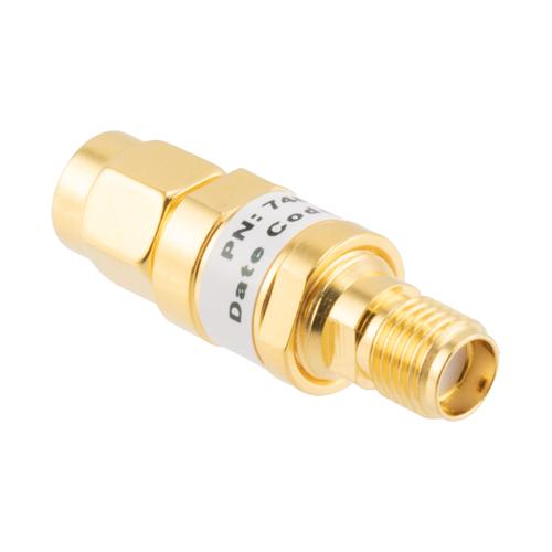 3 dB Fixed Attenuator SMA Male (Plug) to SMA Female (Jack) up to 26.5 GHz Rated to 2 Watts, Brass Gold Plated Body, 1.35:1 VSWR FMAT7487-3