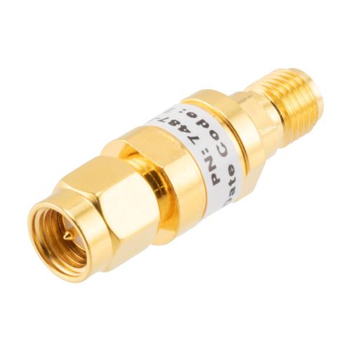 4 dB Fixed Attenuator SMA Male (Plug) to SMA Female (Jack) up to 26.5 GHz Rated to 2 Watts, Brass Gold Plated Body, 1.35:1 VSWR FMAT7487-4