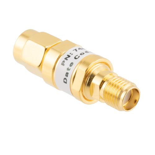 4 dB Fixed Attenuator SMA Male (Plug) to SMA Female (Jack) up to 26.5 GHz Rated to 2 Watts, Brass Gold Plated Body, 1.35:1 VSWR FMAT7487-4