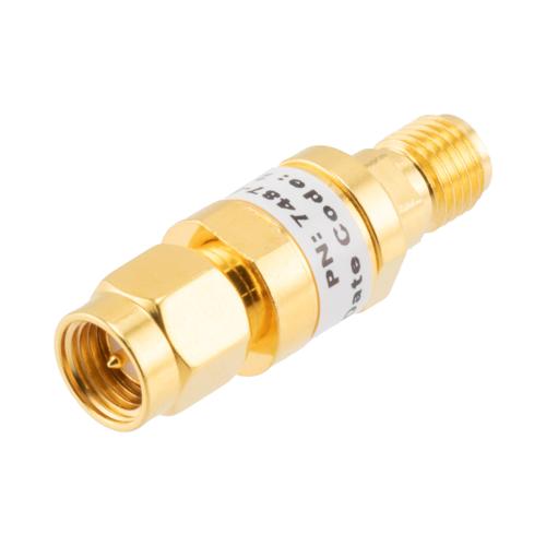 6 dB Fixed Attenuator SMA Male (Plug) to SMA Female (Jack) up to 26.5 GHz Rated to 2 Watts, Brass Gold Plated Body, 1.35:1 VSWR FMAT7487-6
