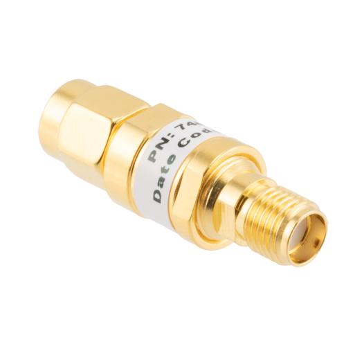 6 dB Fixed Attenuator SMA Male (Plug) to SMA Female (Jack) up to 26.5 GHz Rated to 2 Watts, Brass Gold Plated Body, 1.35:1 VSWR FMAT7487-6
