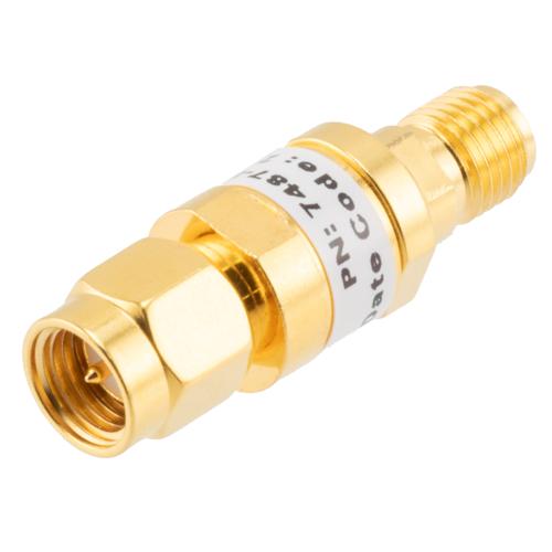 7 dB Fixed Attenuator SMA Male (Plug) to SMA Female (Jack) up to 26.5 GHz Rated to 2 Watts, Brass Gold Plated Body, 1.35:1 VSWR FMAT7487-7